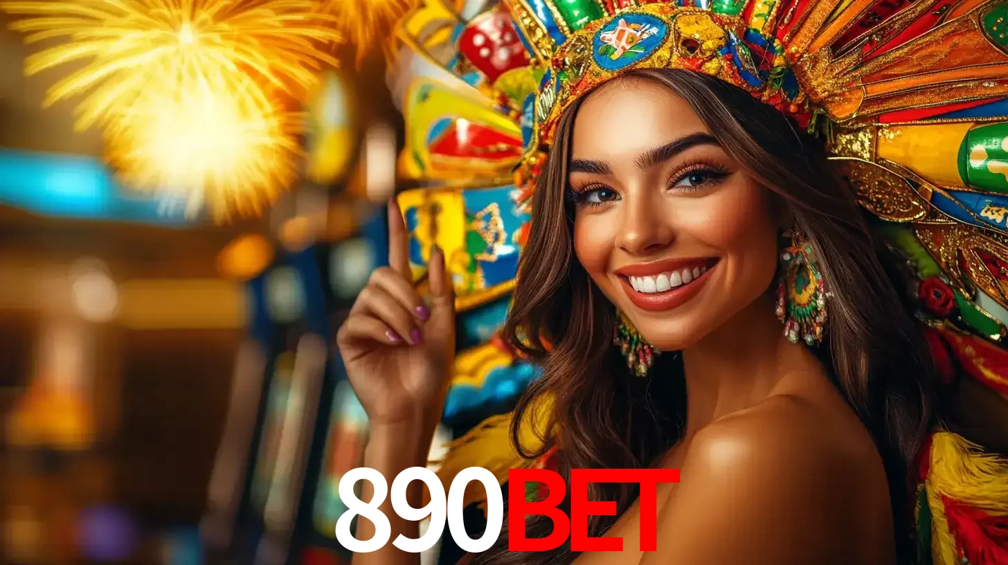 Mulher sorridente com um cocar de carnaval vibrante e colorido, celebrando uma grande vitória nos jogos do cassino 890bet com fogos de artifício ao fundo.
