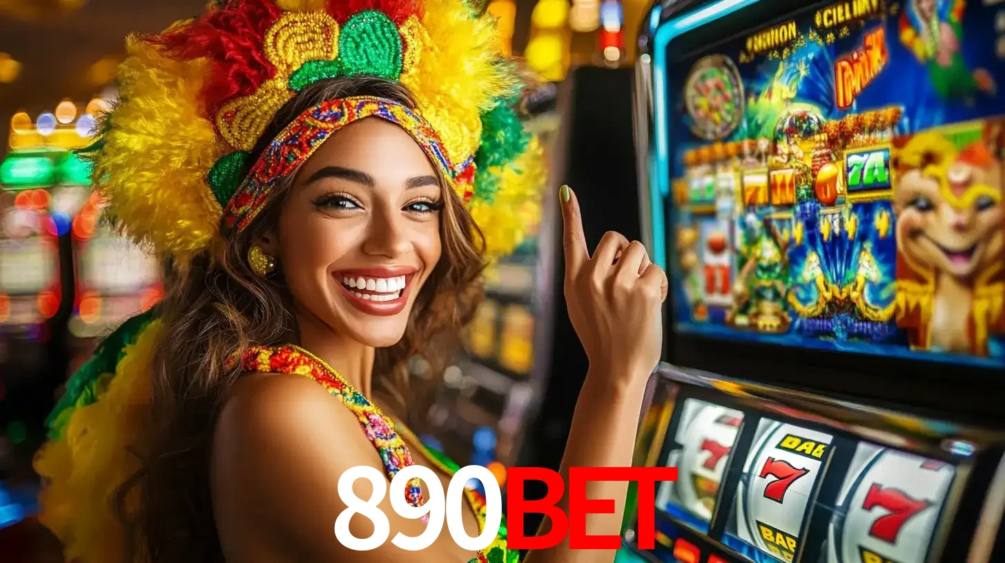 Mulher animada com um cocar de carnaval apontando para uma máquina de caça-níqueis, mostrando a emoção de ganhar um grande prêmio nos jogos do 890bet.