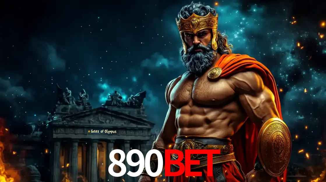 O poderoso Zeus do jogo de slot Gates of Olympus em frente ao seu templo, pronto para lançar multiplicadores divinos e prêmios épicos no cassino online 890bet.