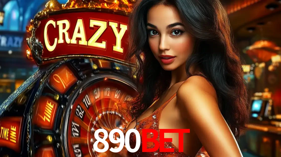 Mulher glamourosa olhando para a câmera com a roda vermelha do Crazy Time ao fundo em um ambiente de cassino, destacando a emoção dos jogos ao vivo no 890bet.