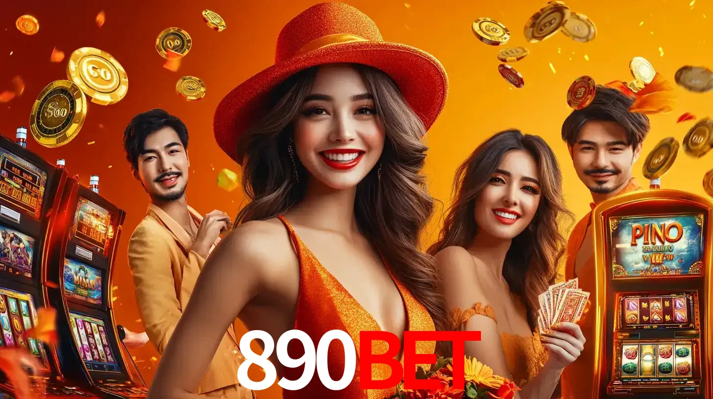 Grupo de amigos asiáticos sorrindo e se divertindo com máquinas de caça-níqueis em um ambiente festivo, celebrando suas vitórias nos jogos de cassino do 890bet.