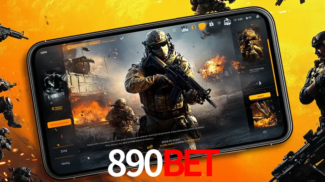 Um smartphone exibindo a interface de um jogo de tiro em primeira pessoa, com um soldado em um cenário de batalha, representando a ação dos e-sports para apostar no 890bet.