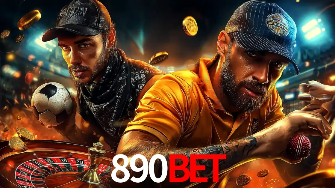 Montagem de apostas esportivas e cassino no 890bet, com um homem segurando uma bola de futebol e outro uma de beisebol sobre uma roleta e moedas voadoras.