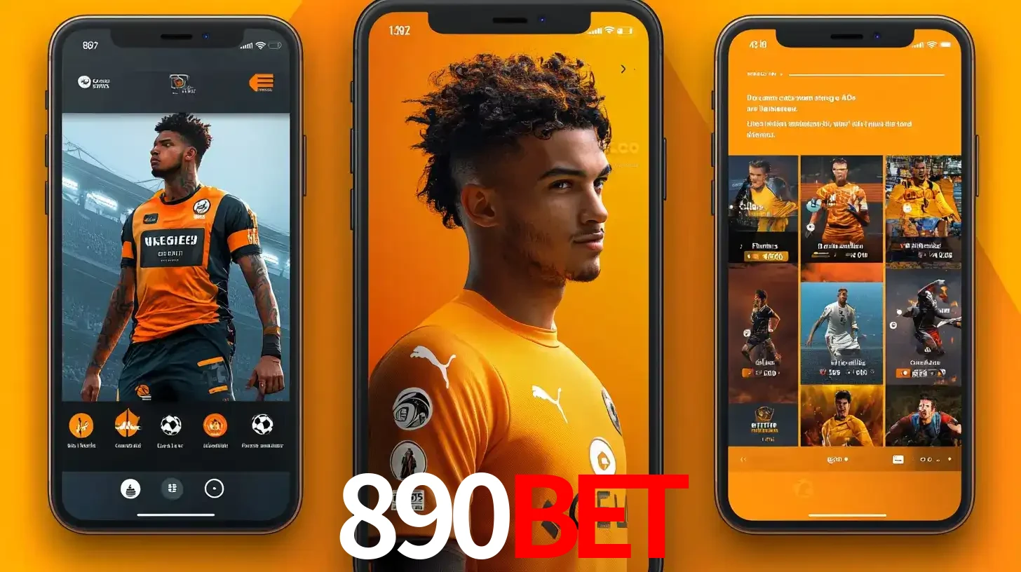 Interface do aplicativo de apostas esportivas 890bet em três telas de celular, mostrando o perfil de um jogador de futebol e a lista de jogos disponíveis para apostar.