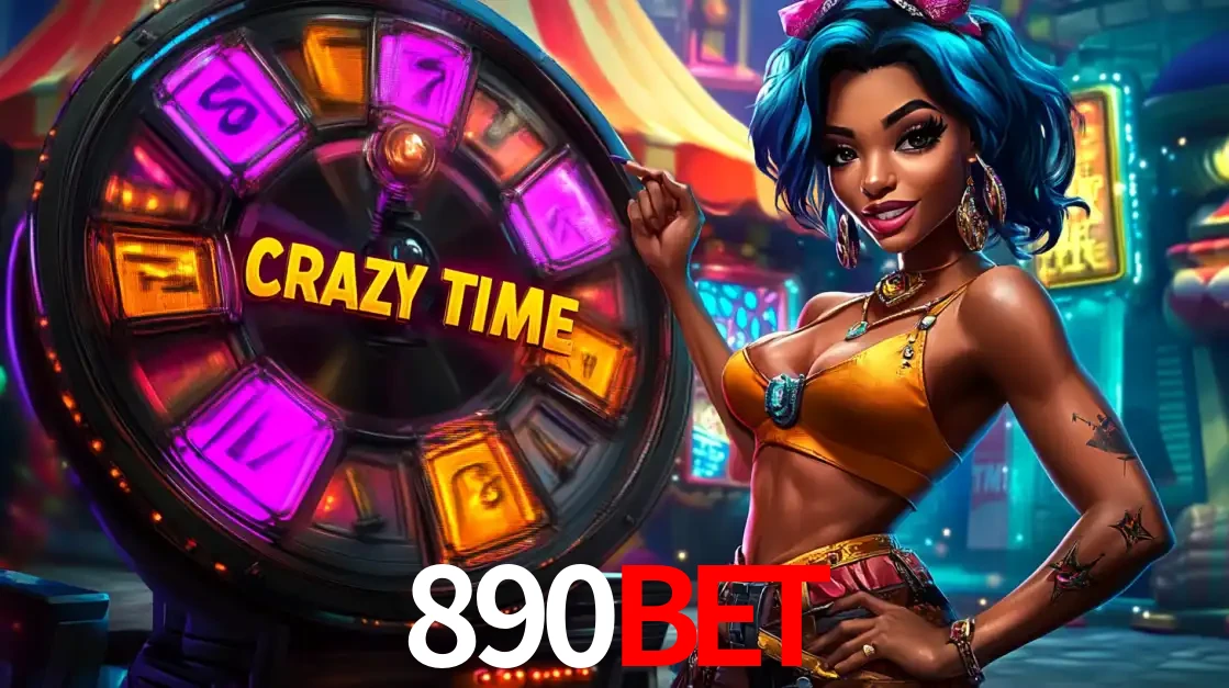 Mulher estilizada com cabelo azul e visual vibrante posando ao lado da roda de prêmios do game show Crazy Time, convidando para a diversão e os bônus do cassino 890bet.