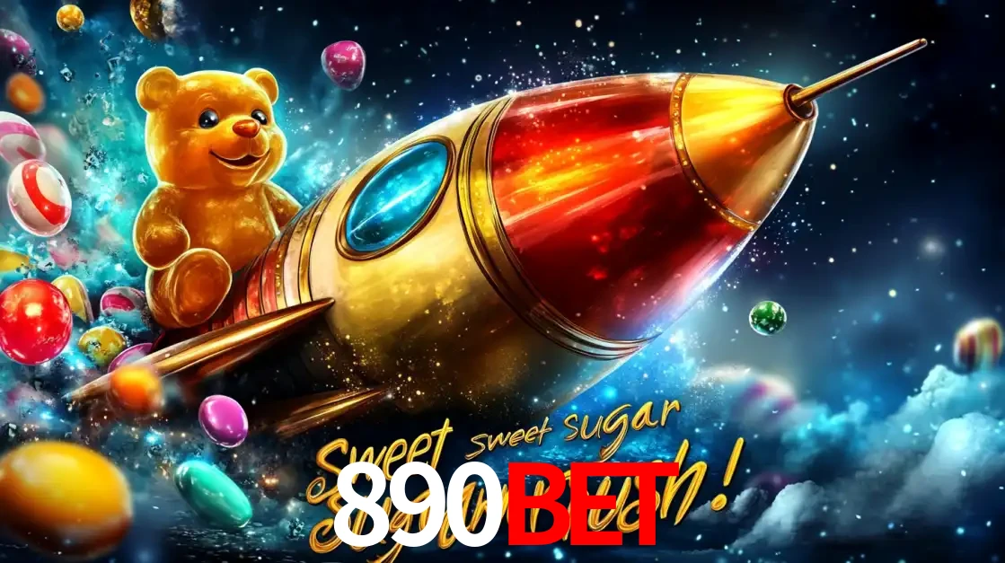Arte promocional do jogo de slot Sugar Rush, com um urso de pelúcia em um foguete viajando pelo espaço de doces, um dos jogos divertidos disponíveis no cassino 890bet.