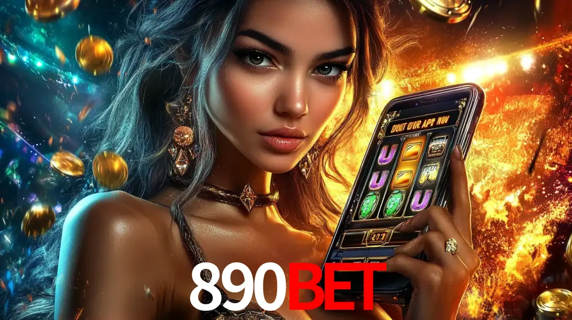 Mulher elegante mostrando um jogo de caça-níqueis em seu smartphone, destacando a experiência de cassino móvel oferecida pelo aplicativo 890bet.