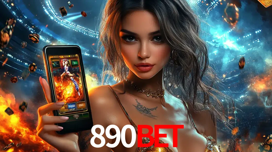 Mulher segurando um celular com um jogo de slot em destaque, tendo como fundo um estádio vibrante, simbolizando a emoção de jogar no cassino móvel 890bet.