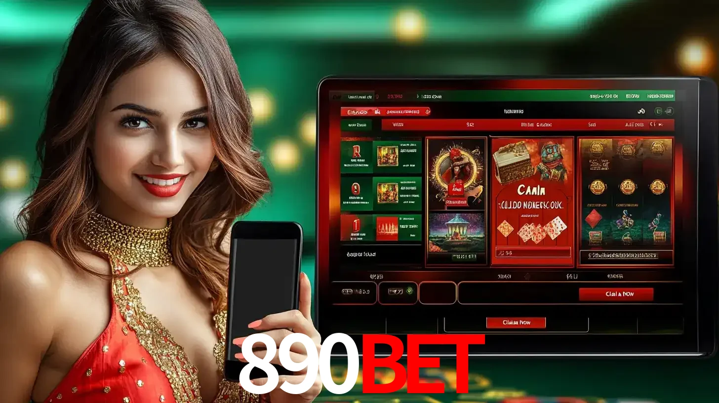 Mulher sorridente segurando um smartphone, ao lado de uma tela exibindo o lobby de jogos do cassino online 890bet, com várias opções de jogos de cartas e slots.
